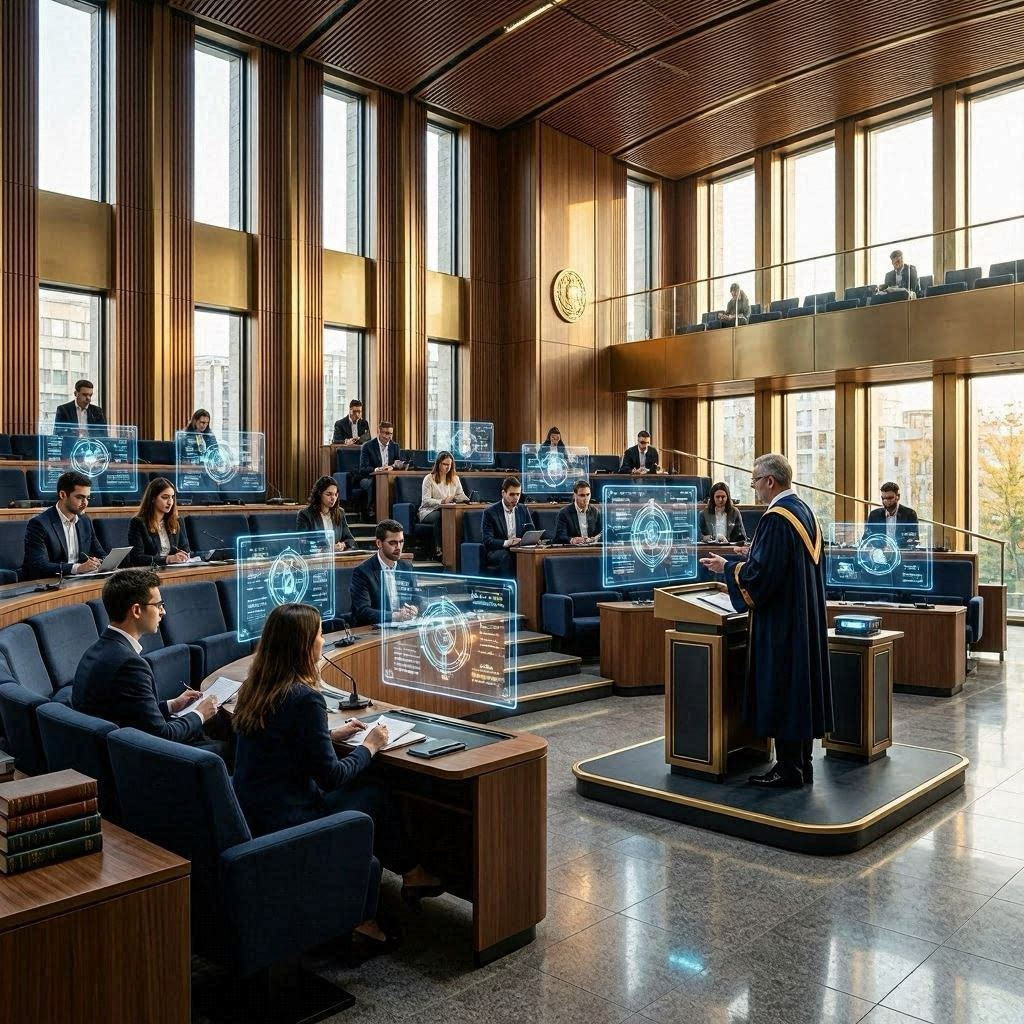 Modern theological lecture hall with students engaging in advanced covenant studies using interactive digital learning displays and academic teaching technology.