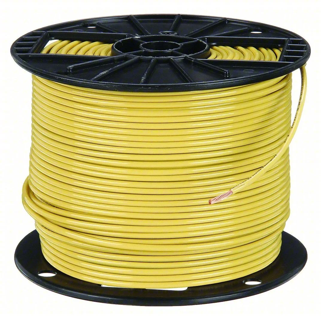 Yellow electrical wire coiled on a black plastic reel.