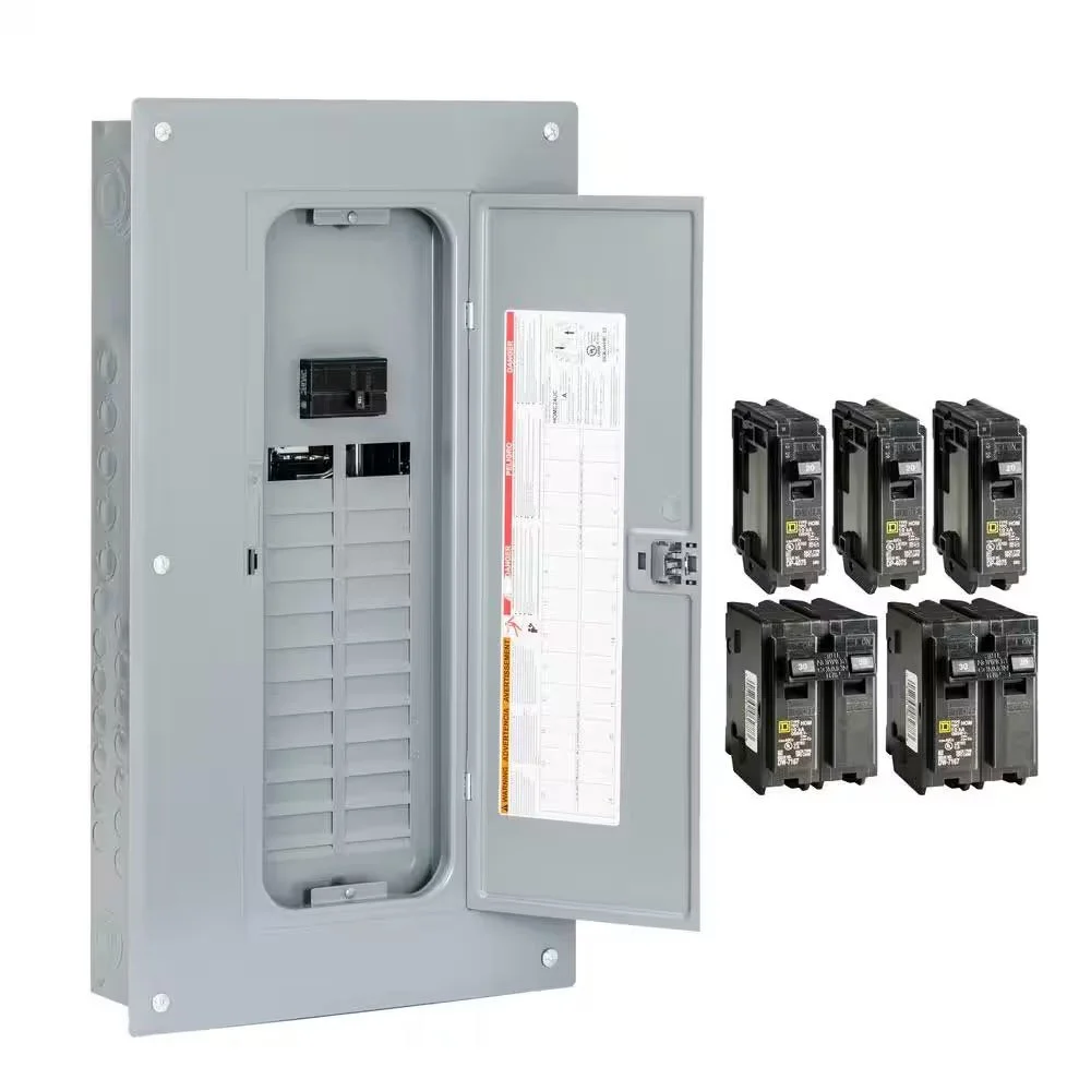 Electrical service panel with multiple circuit breakers and internal wiring.