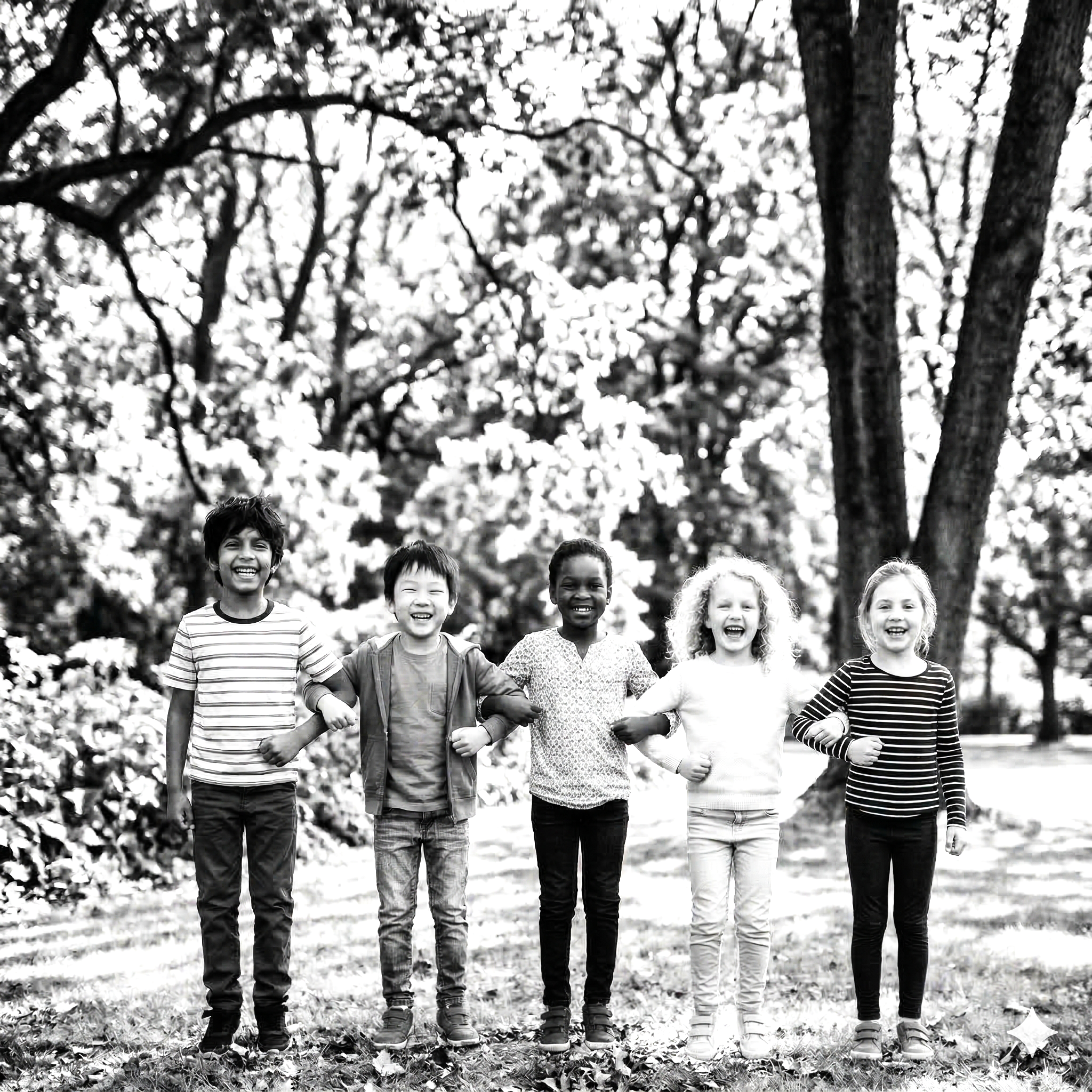 A group of children smiling and showing friendship outdoors in a park with trees.