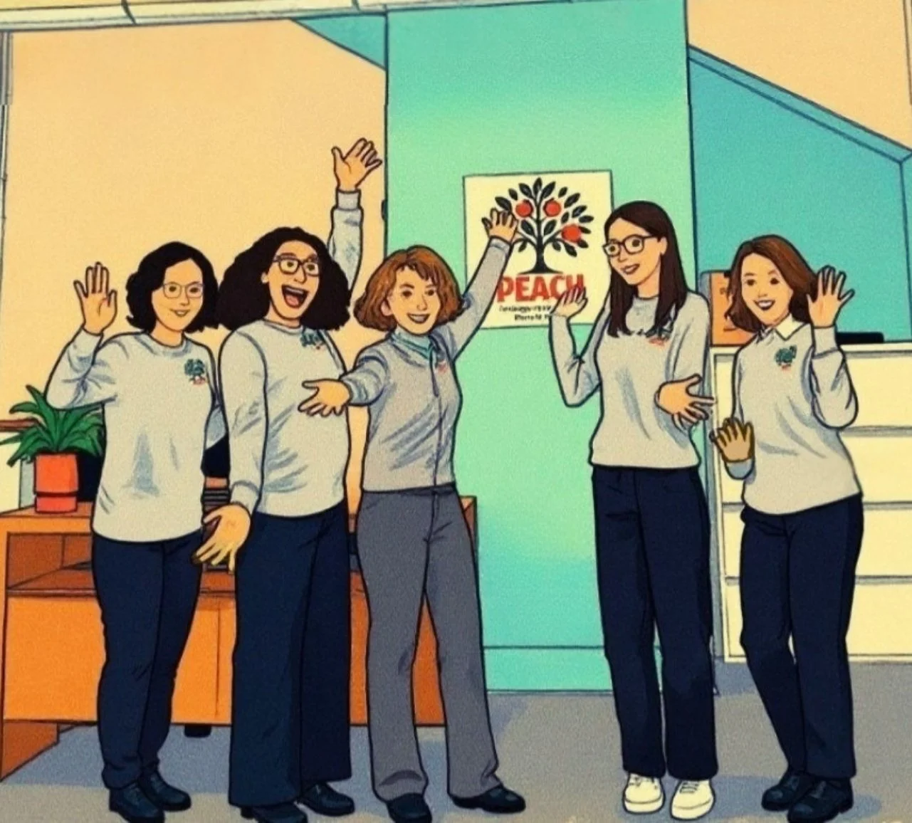 Animated illustration of five child psychologists wearing white sweaters and dark pants, smiling, and waving inside a testing center with a plant and a sign that says "PEACH" on the wall.