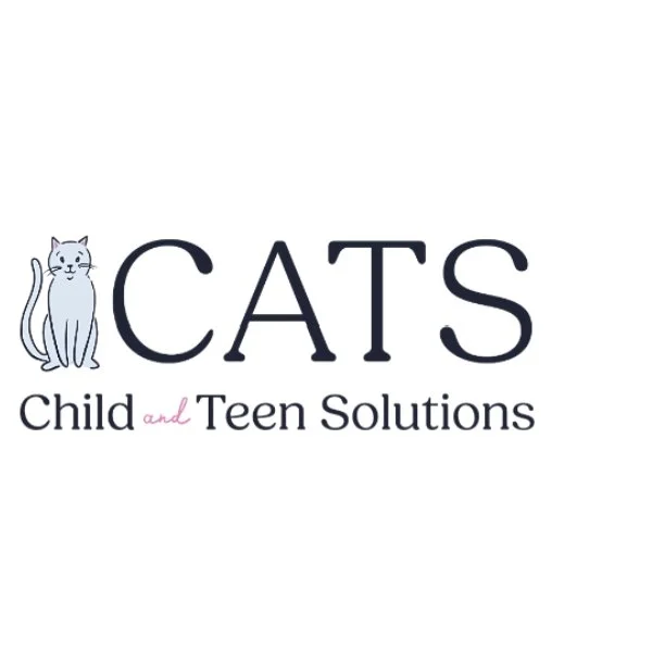 Logo for CATS Child and Teen Solutions featuring a cartoon gray cat and text.