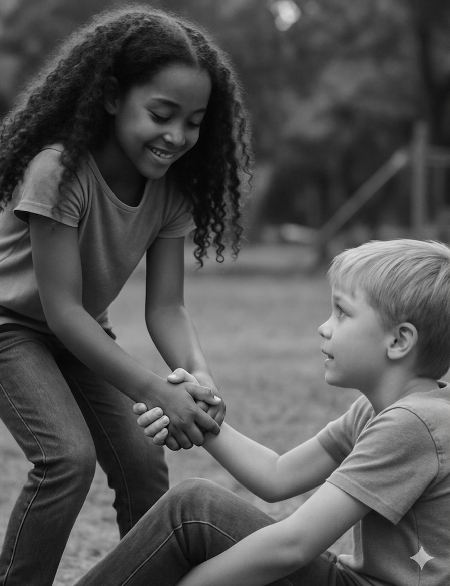 A young girl with curly hair is smiling and holding the hand of a young boy with straight hair, who is sitting on the ground. They are outdoors on a grassy area, with trees in the background.
