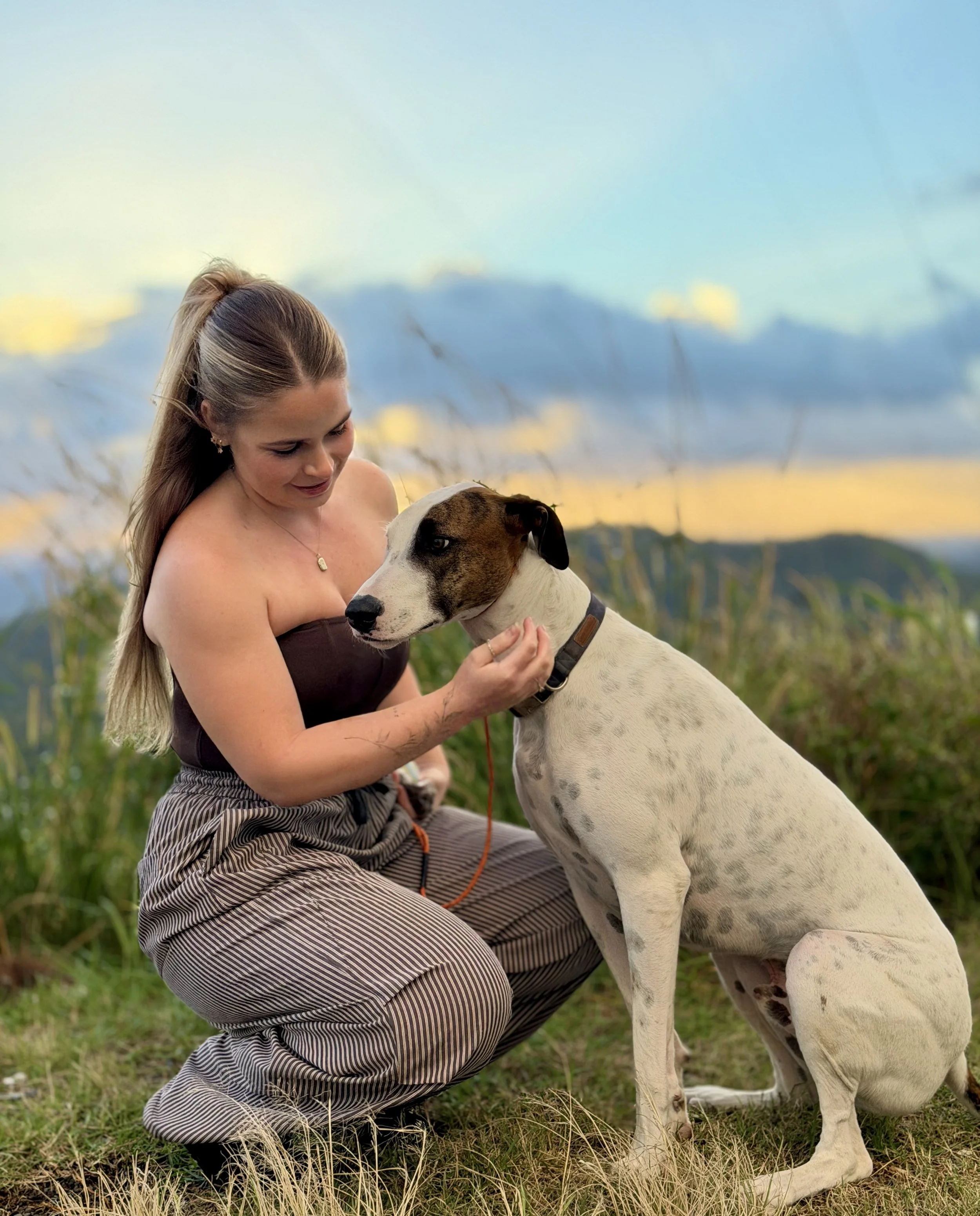 A woman with long hair and a strapless top kneeling on grass, holding and looking at a large white dog with brown spots and a black nose outdoors at sunset.
