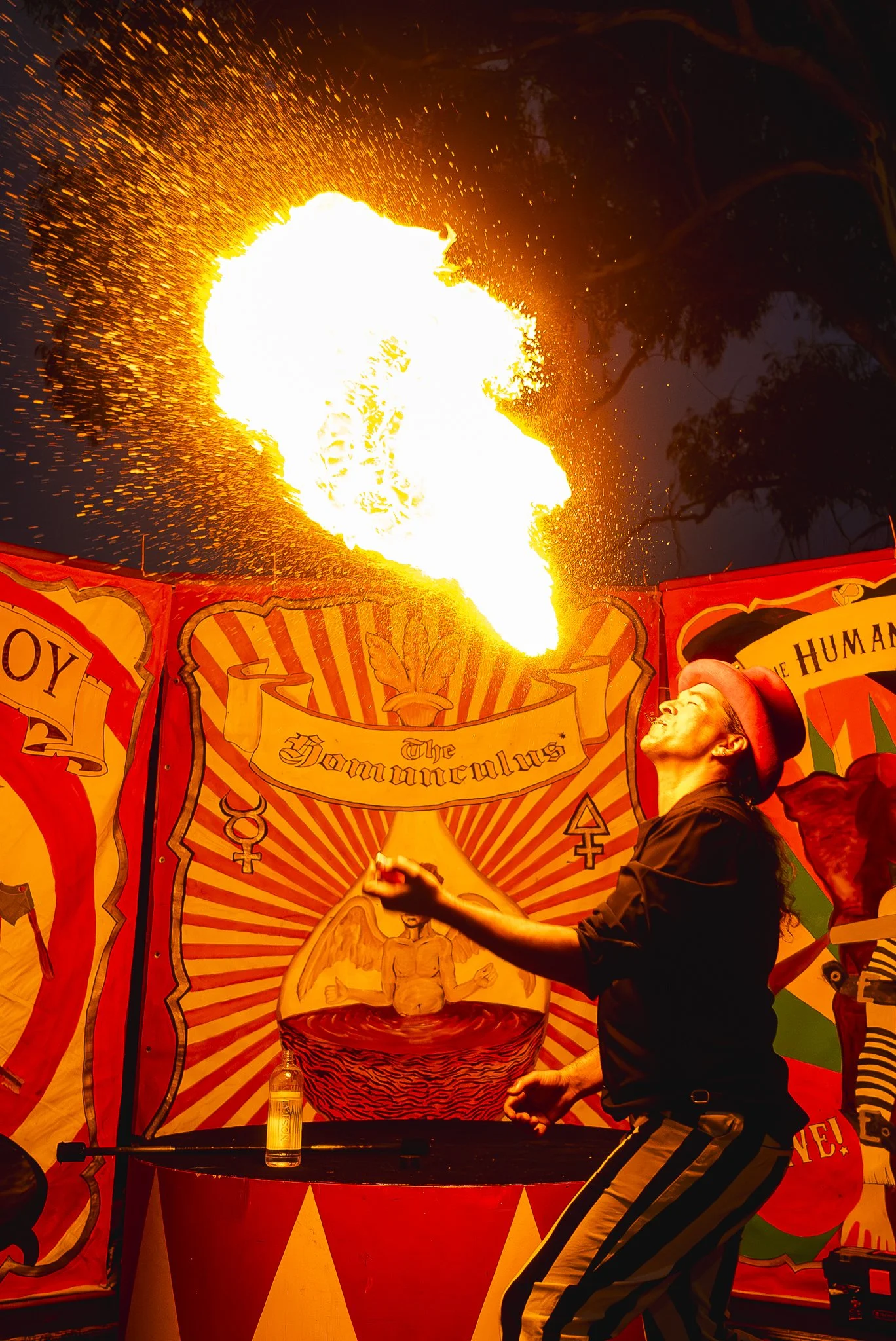 Circus performer demonstrates fire-eating tricks during a performance at night, with vibrant red and yellow banners and illustrations in the background.
