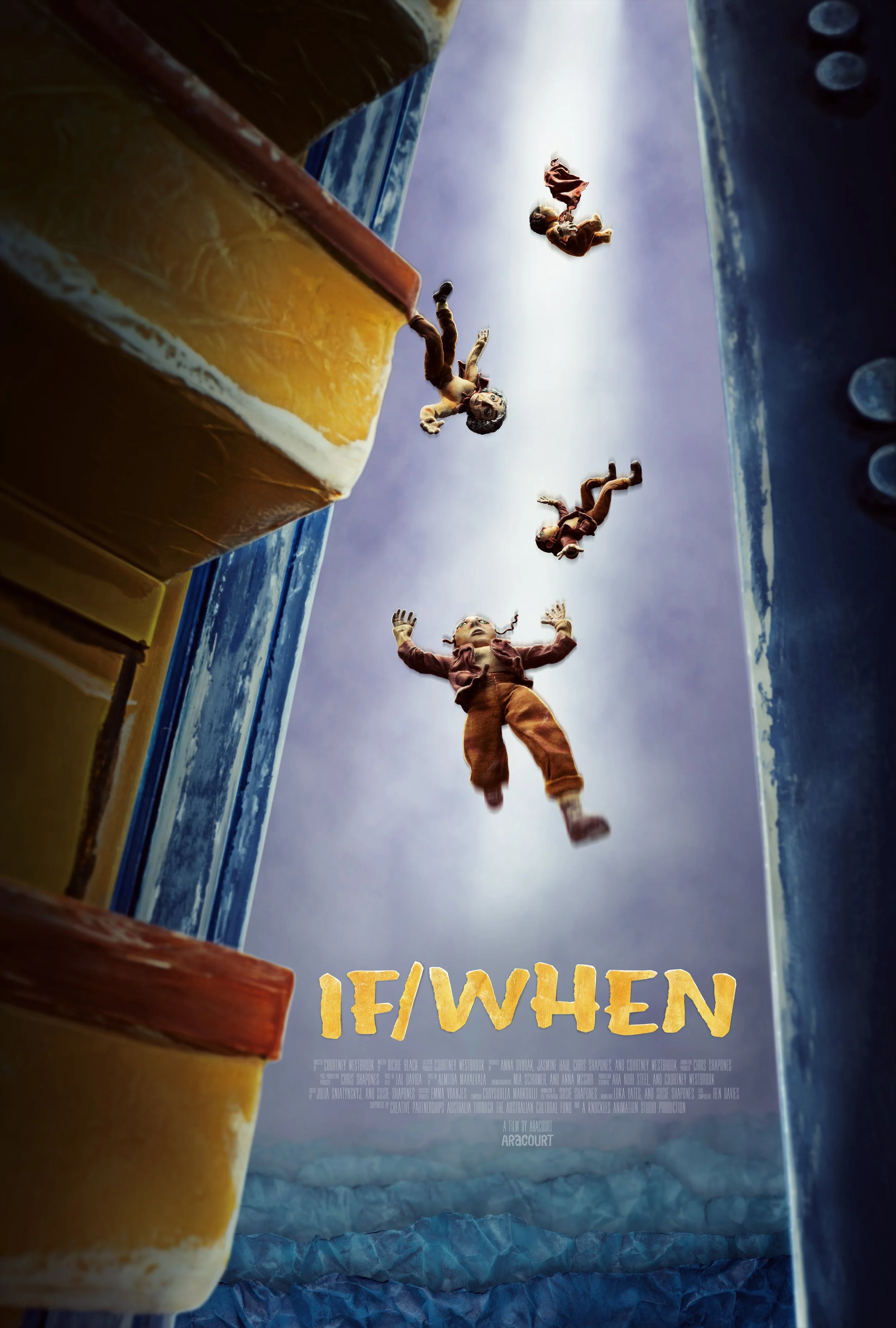 Film poster from If/When short film. View from inside a yellow and blue fridge door opening, showing four puppets falling from the purple sky, with the words 'If/When' as the title in yellow.