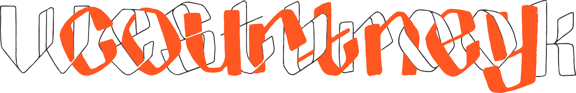 The phrase "Courtney Westbrook" as a logo design. Courtney is written in bold orange in a hand drawn font. Westbrook is layered behind and intertwined with the Courtney font, in a series of black outlines of letters.