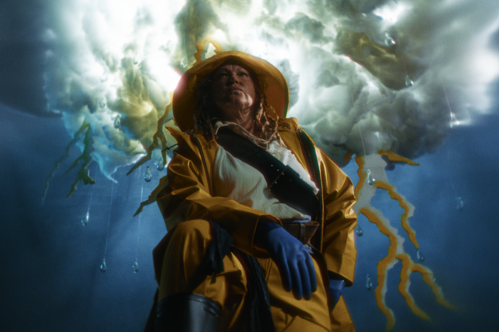 A woman dressed in yellow rain gear, including a hat and gloves, stands in front of a stormy sky with fake cardboard lightning and dark clouds. Film still from Luna and the Brain Tuna short film.