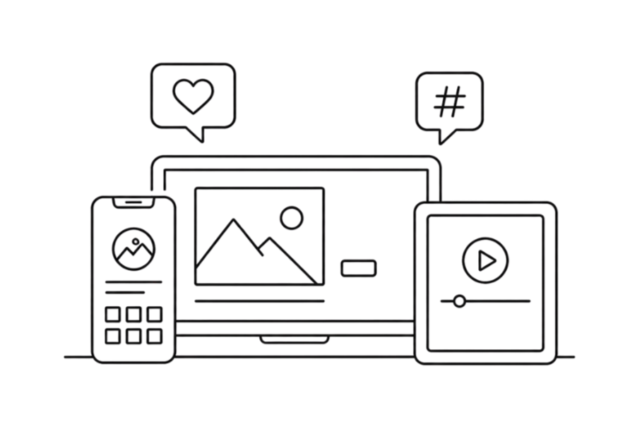 Illustration de divers appareils électroniques—téléphone, ordinateur portable, tablette—avec des icônes de médias sociaux et de communication, comme un cœur, un hashtag et une icône d'envoi.