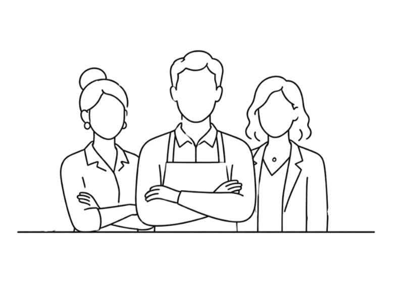 Illustration en ligne de trois personnes, deux femmes et un homme, debout côte à côte, avec le bras croisé, sans visages.