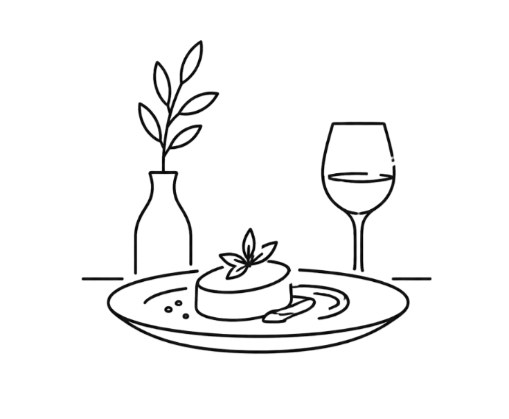 Une assiette avec un morceau de viande, un verre de vin rouge, une petite bouteille avec une plante, et une petite garniture sur la table.