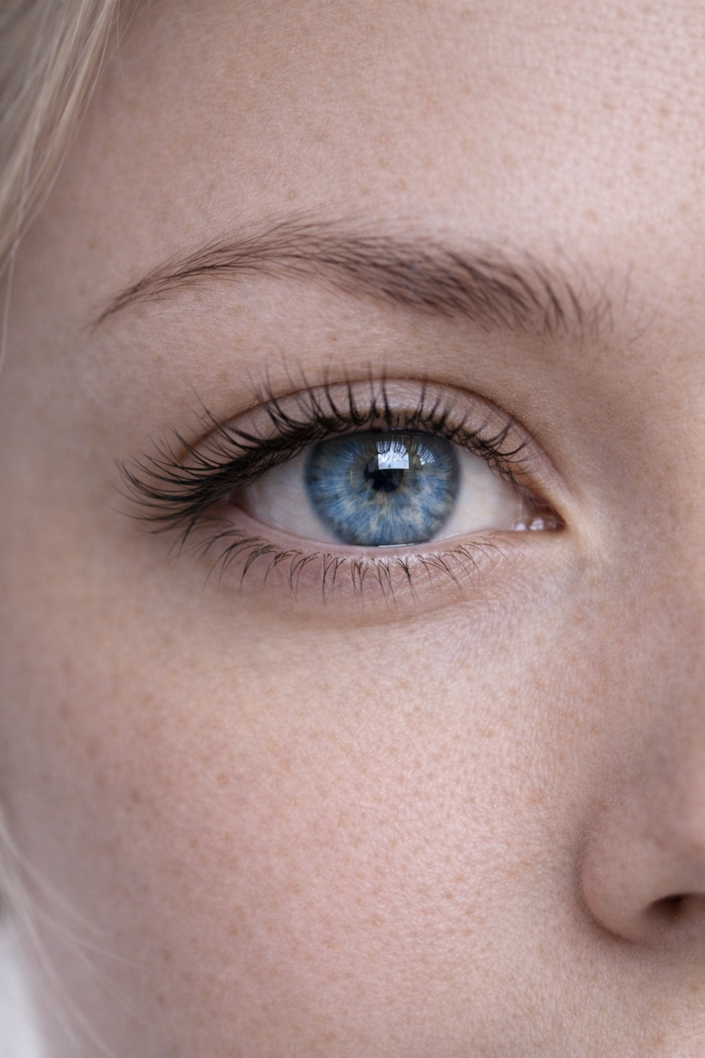 Close-up of a woman's blue eye with detailed eyelashes and eyebrows.