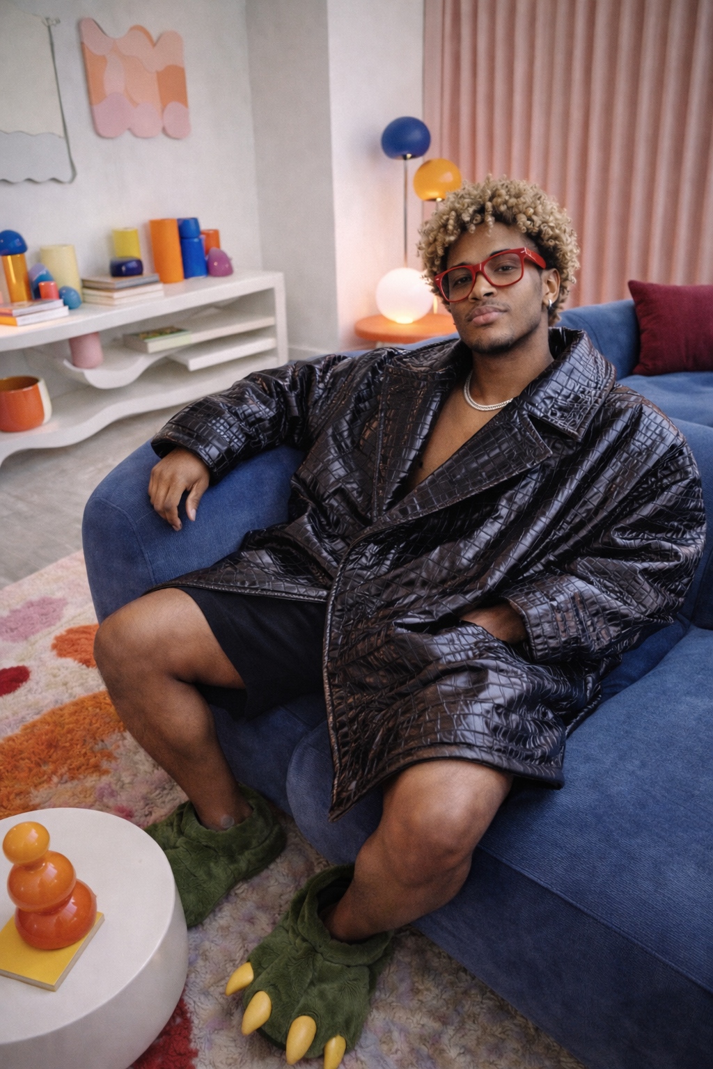 A person sitting on a blue couch, wearing red glasses, a black shiny jacket, a black dress, and green monster slippers with claws. The room has pink curtains, a colorful rug, and modern decor including a white table with orange, yellow, and purple ab