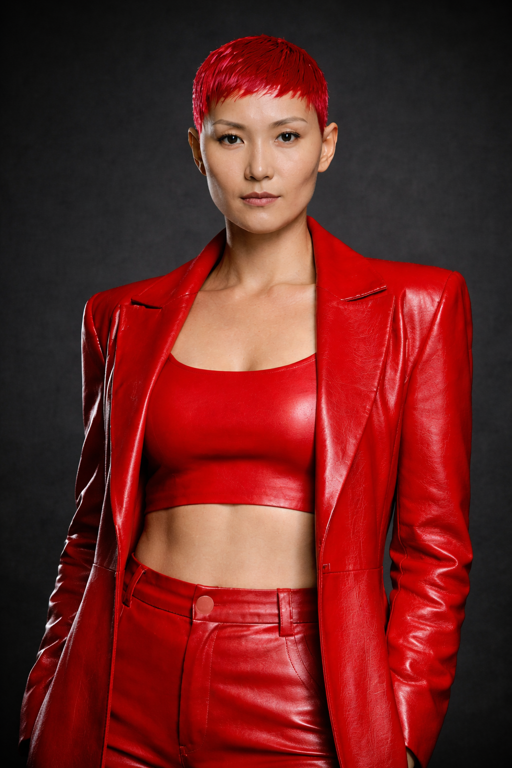 Woman with short red hair wearing a red leather blazer and matching crop top and pants against a dark gray background.