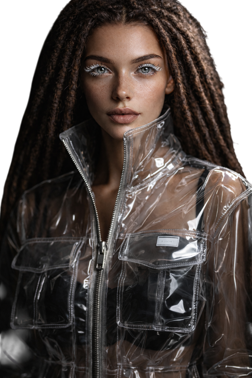 A young woman with long curly hair and light makeup wears a transparent plastic jacket with black clothing underneath, looking directly at the camera.