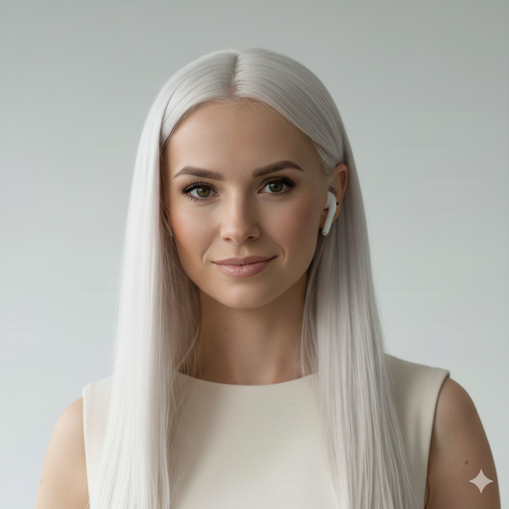 A woman with long, straight, platinum blonde hair, wearing wireless earbuds and a sleeveless white top, smiling softly against a plain light background.