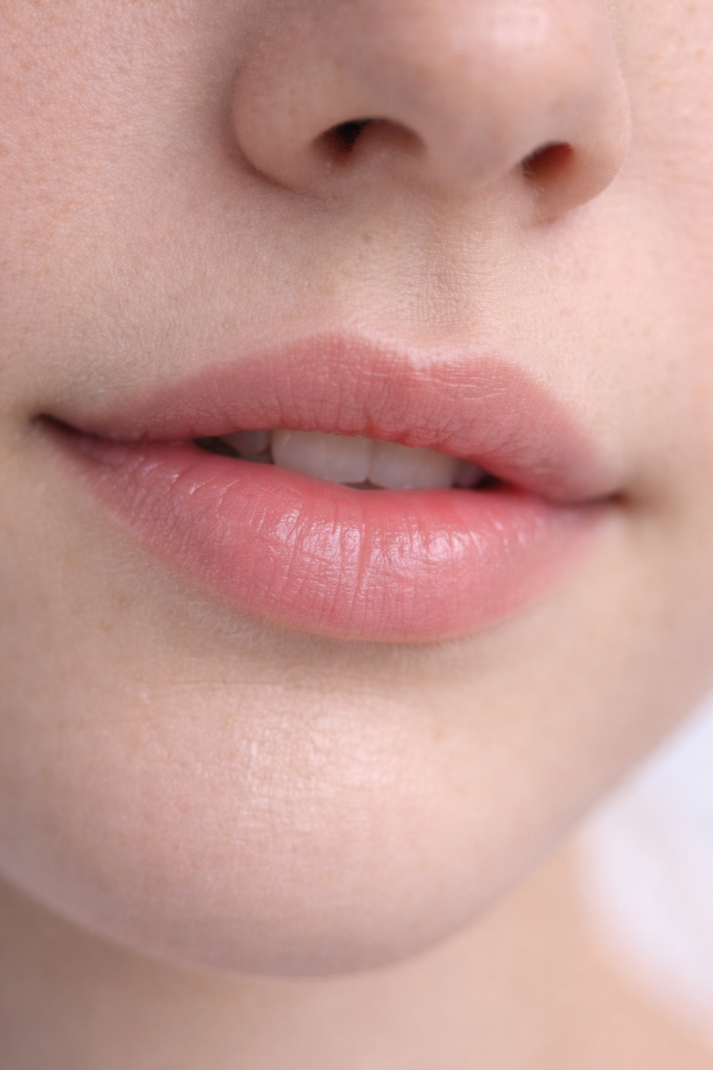 Close-up of a person's lips and nose area, showing smooth skin and light pink lips.