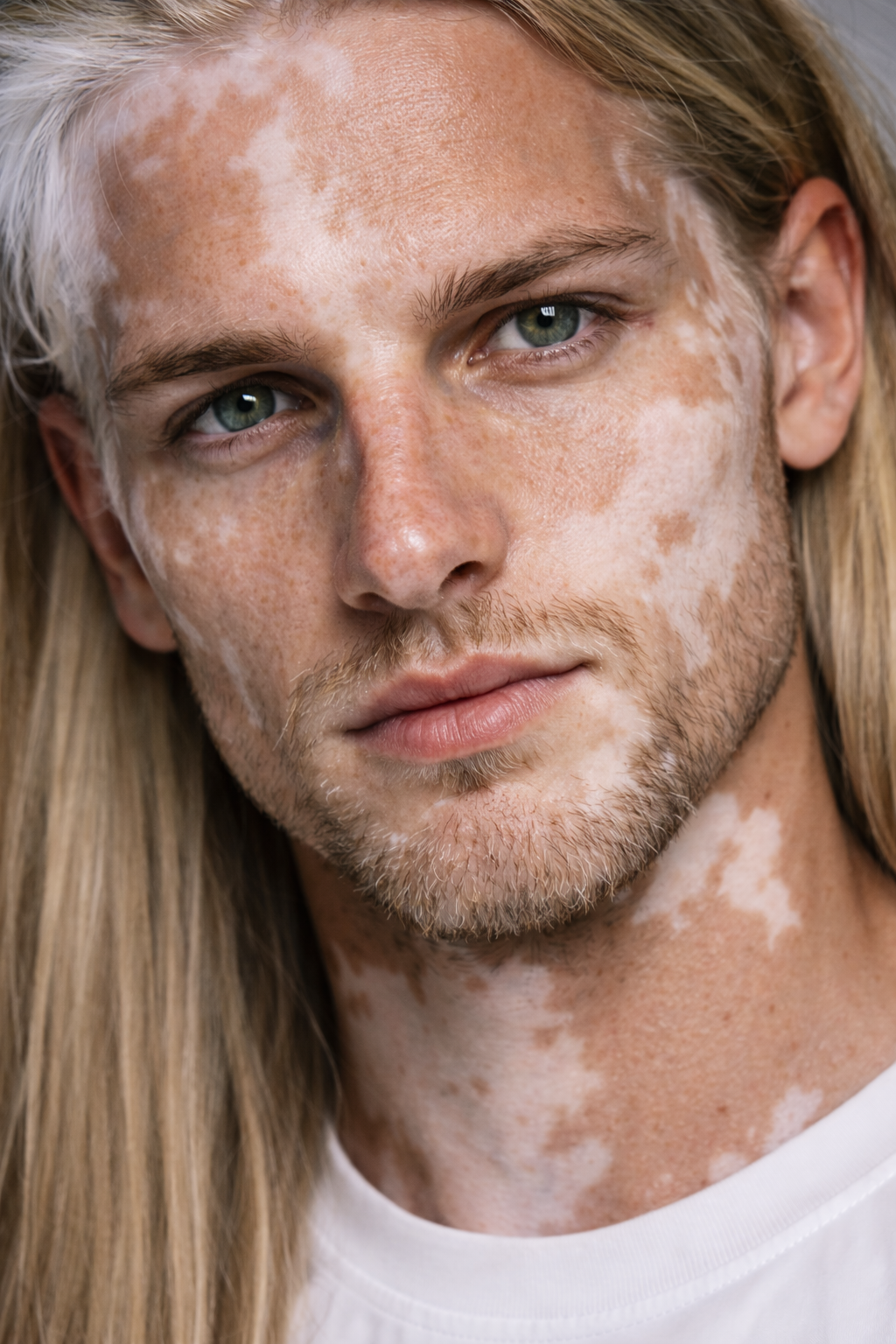 Close-up of a young man with long blonde hair and a beard, showing green eyes and freckles on his face.