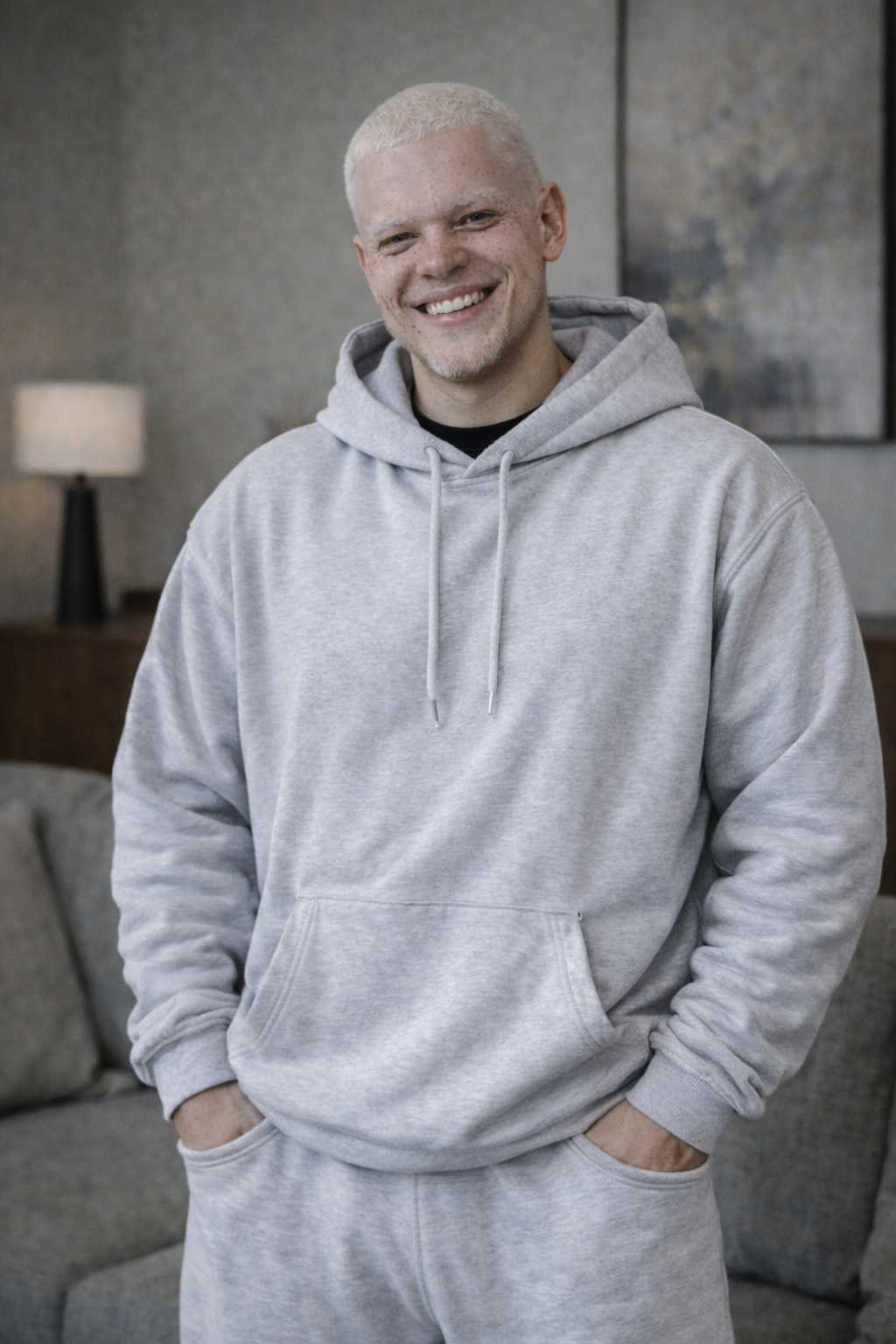 A young man with platinum blonde hair, freckles, and a beard, smiling and wearing a light gray hoodie and sweatpants, stands in a living room with a couch, a table lamp, and abstract art on the wall.