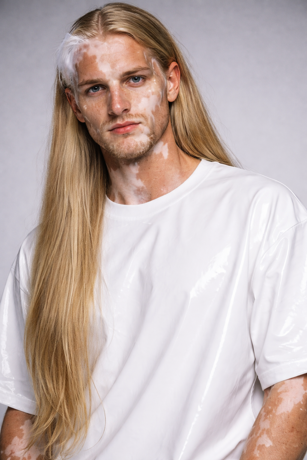 A young man with long blonde hair and blue eyes wears a white shirt and has a skin condition with patches of discolored skin and white spots.