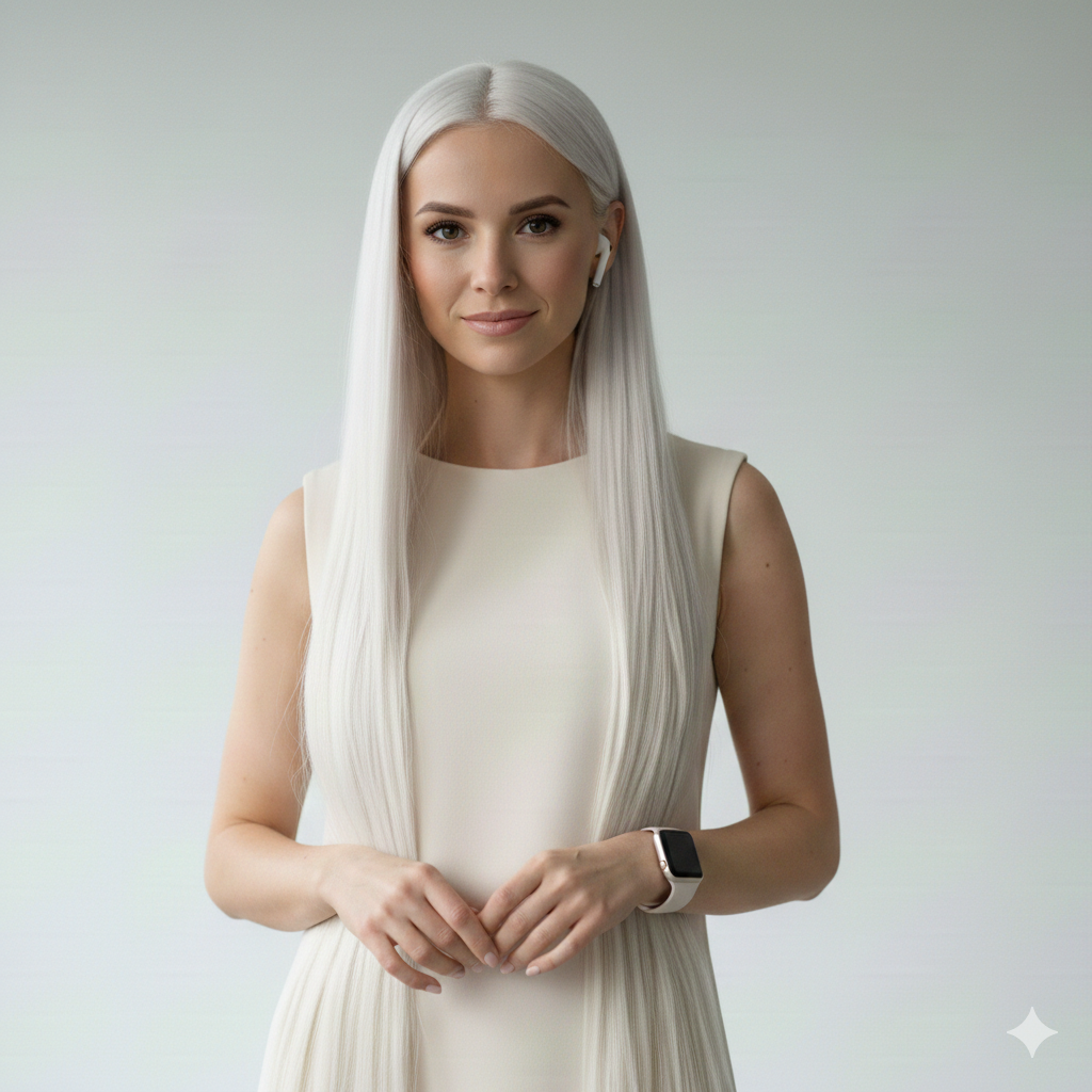 A woman with long, straight, platinum blonde hair wearing a sleeveless cream-colored dress, wireless earbuds, and a smartwatch, standing in front of a plain light-colored background.