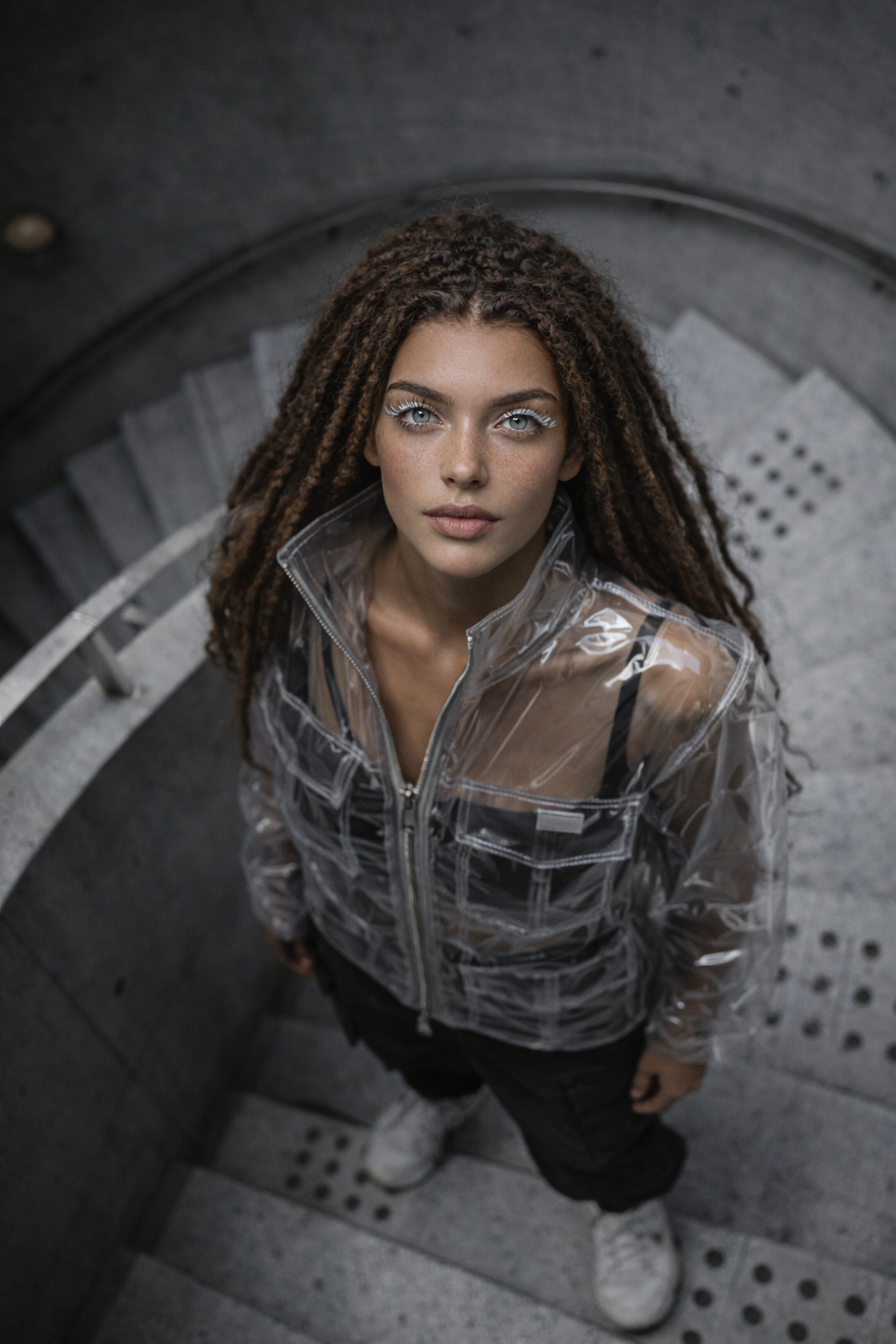 A young woman with curly hair and silver eye makeup looking up at the camera in an indoor stairwell, wearing a transparent jacket and black clothing.