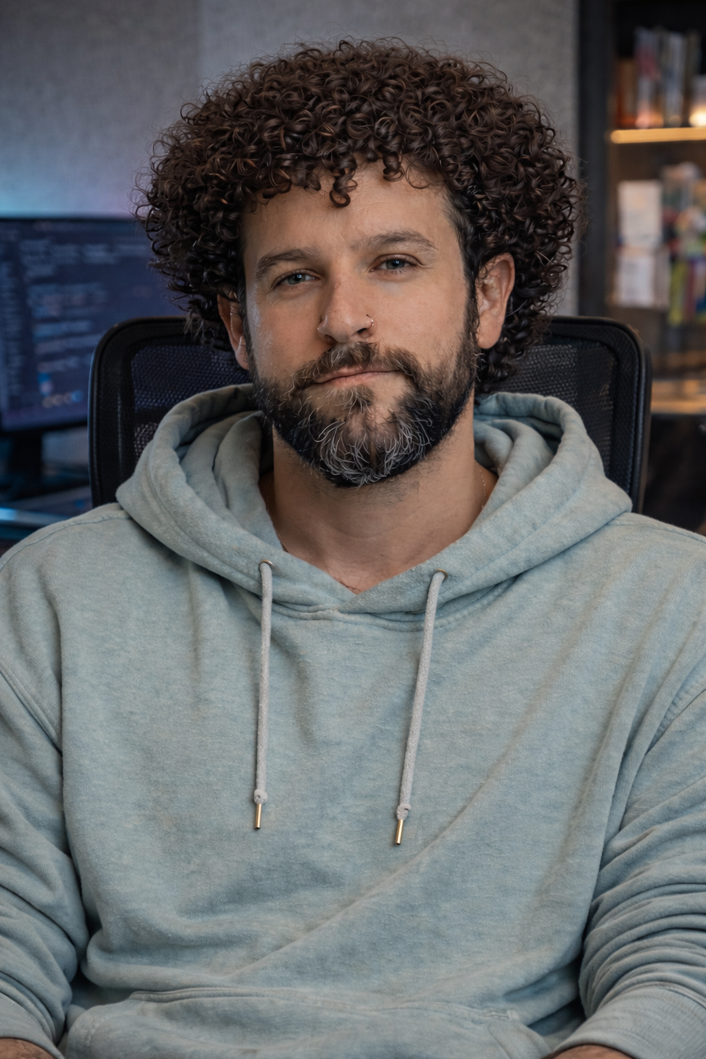 A man with curly hair and a beard, wearing a light gray hoodie, sitting in a black mesh office chair in front of computer monitors in an indoor setting.