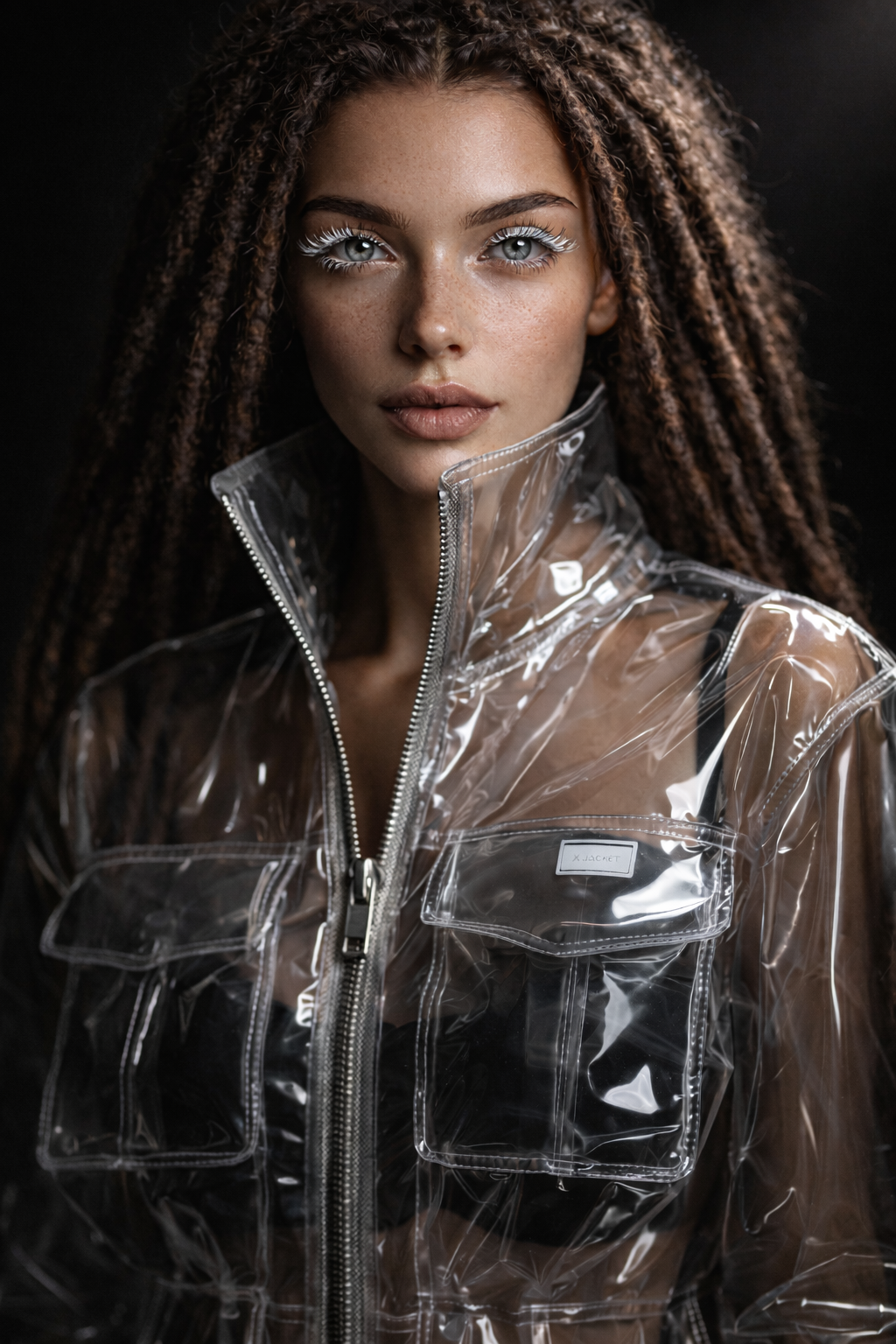 Young woman with curly hair and freckles wearing a clear plastic jacket with large front pockets and metallic zipper, black top underneath, and bold white makeup on eyelids with black mascara, against dark background.