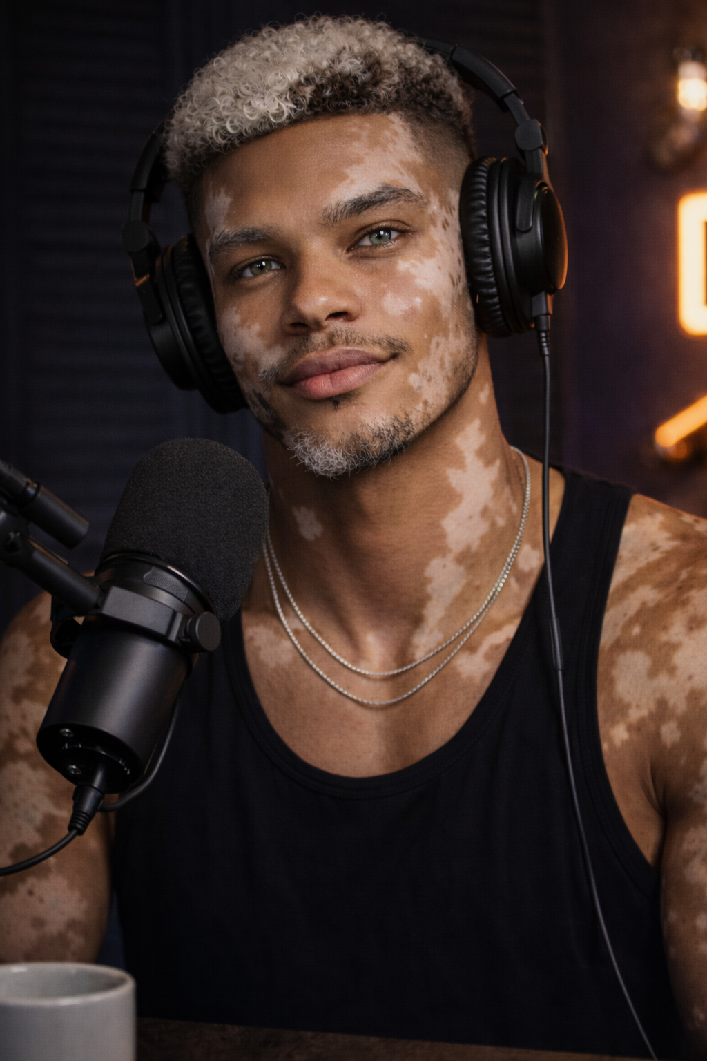 A young man with a mixed skin tone and mottled skin condition, wearing large over-ear headphones and a black tank top, sitting in front of a microphone in a recording studio.