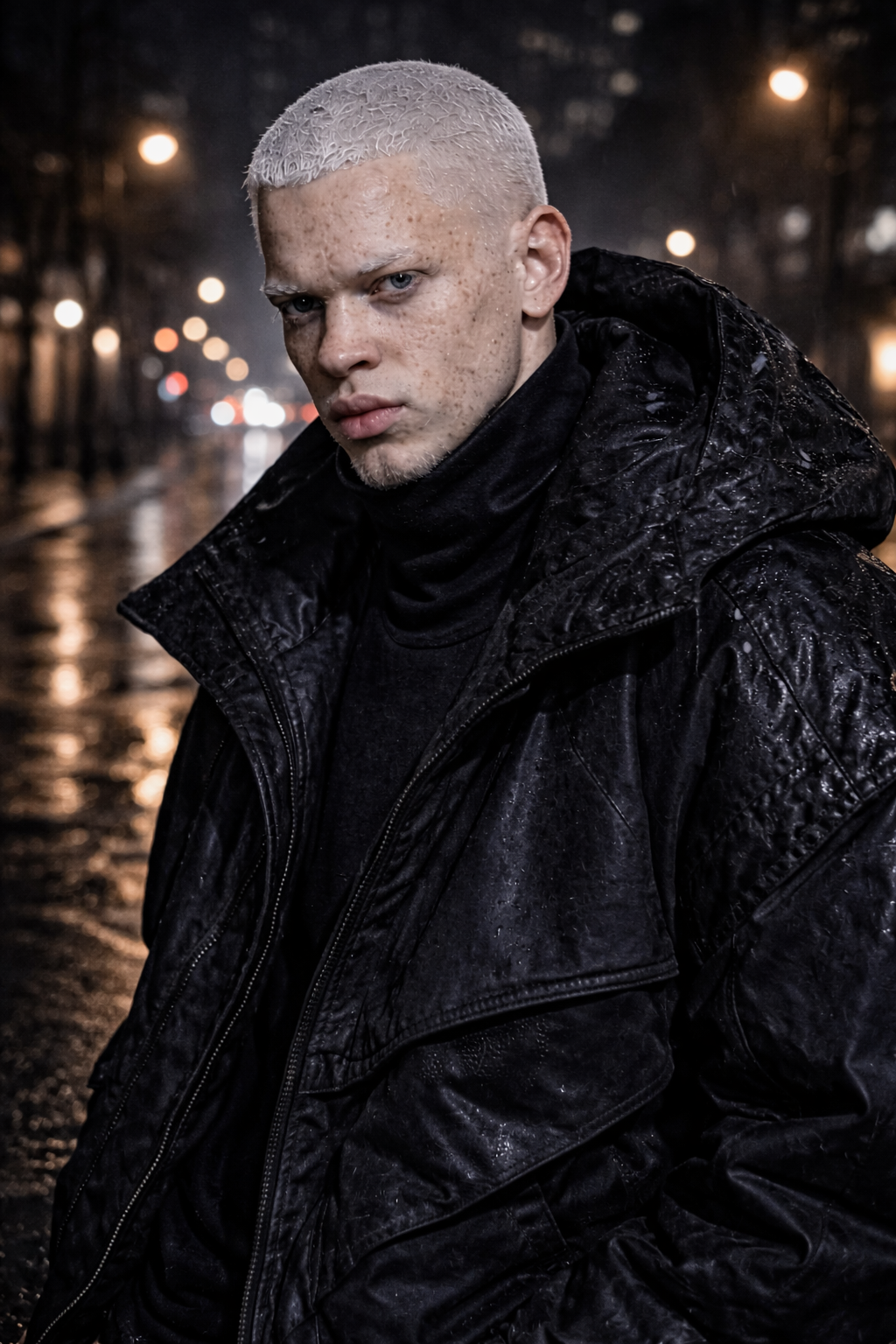 A young man with platinum blonde, short hair and freckles, wearing a black raincoat, standing on a wet city street at night with blurred streetlights in the background.