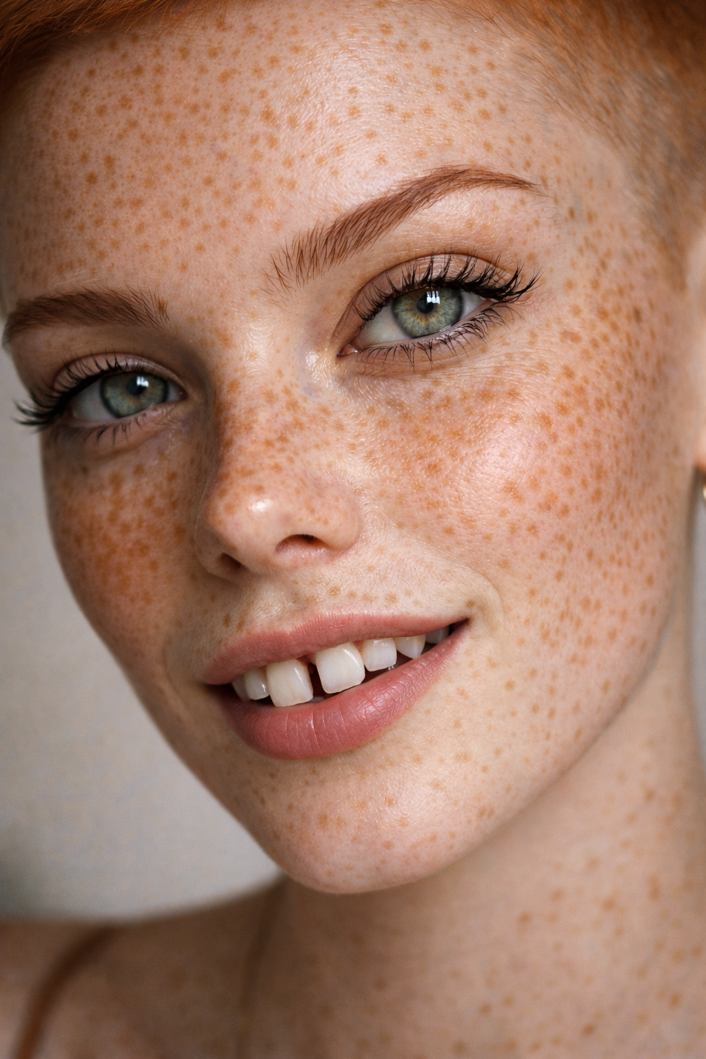 Close-up of a young woman with green eyes, red hair, and freckles smiling slightly, showing her teeth.