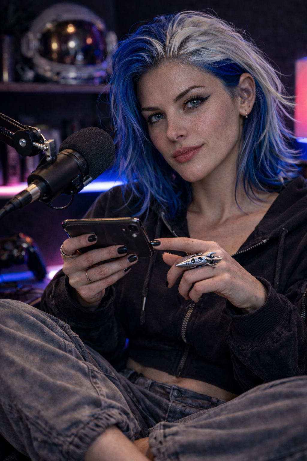 A young woman with blue and platinum hair in a dark hoodie, sitting in front of a microphone, holding a smartphone, and looking at the camera, in a studio with neon lighting.