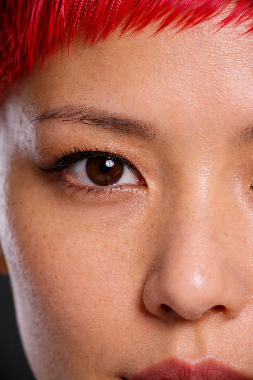 Close-up of a woman's face showing her eye, eyebrow, and part of her nose and lips, with red hair and smooth skin.