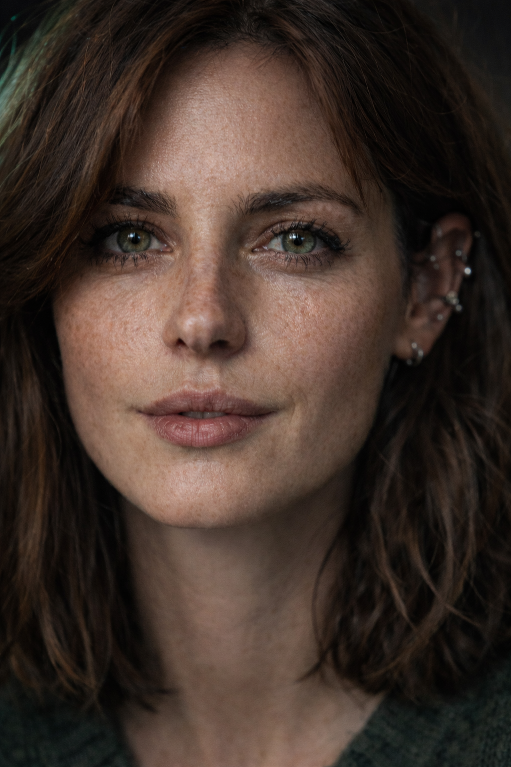 Close-up of a woman with shoulder-length reddish-brown hair, green eyes, and natural makeup.
