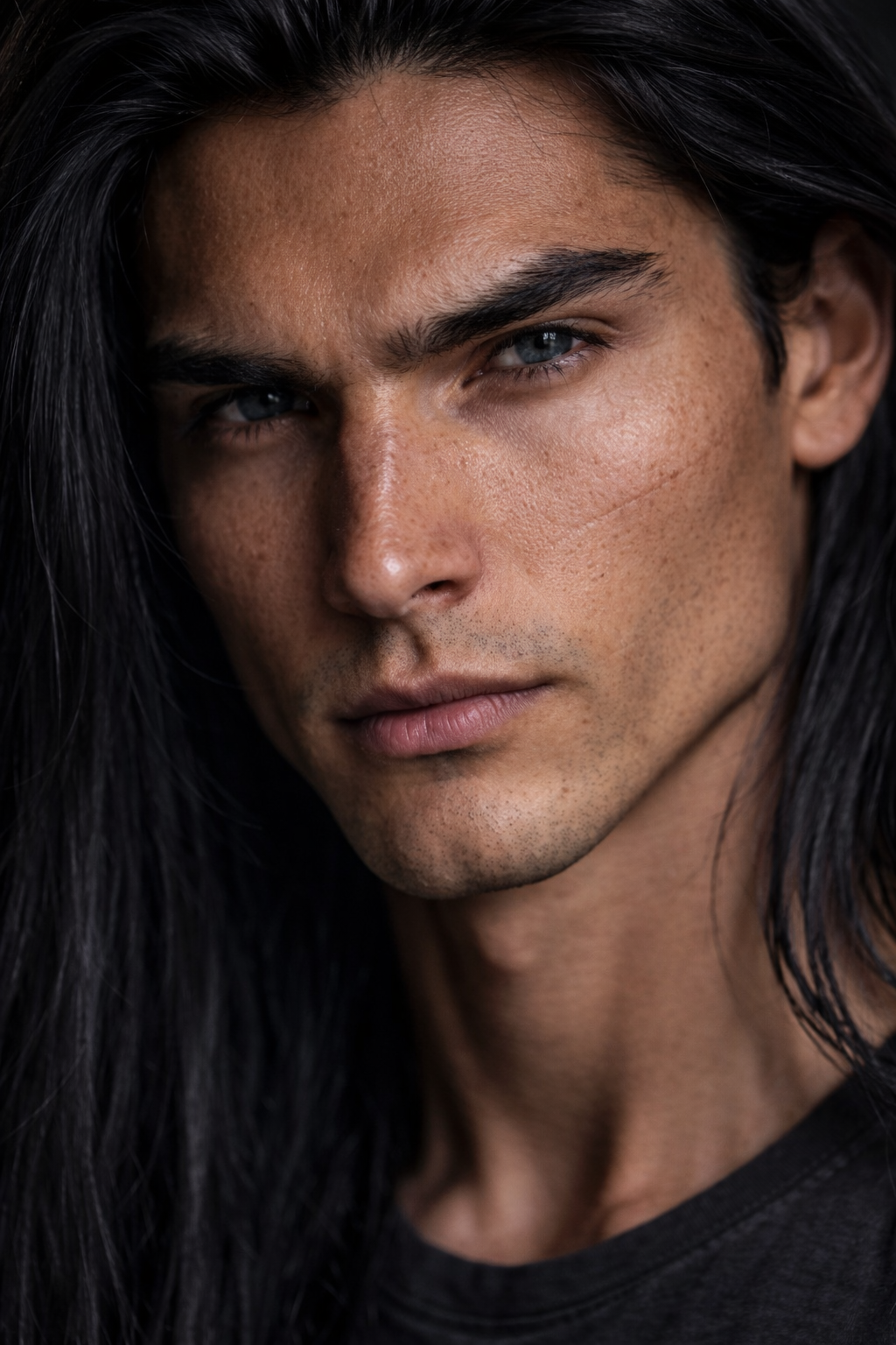 Close-up of a young man with long black hair, intense blue eyes, and smooth skin, looking directly at the camera.