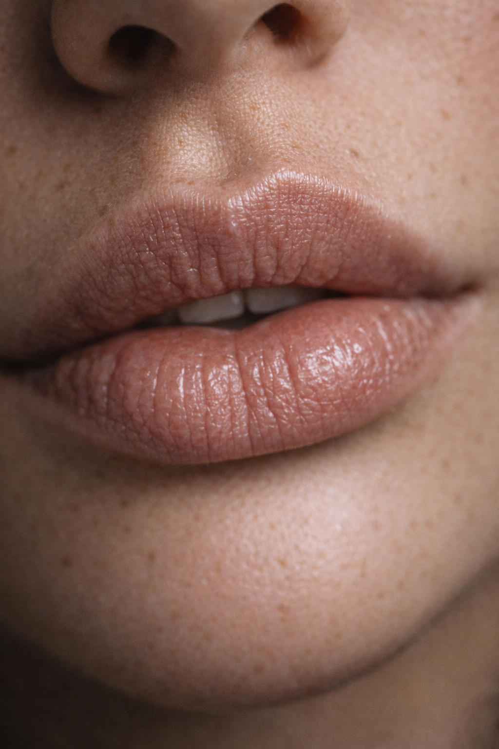 Close-up of a person's lips, nose, and surrounding skin, showing detailed texture and natural skin tone.