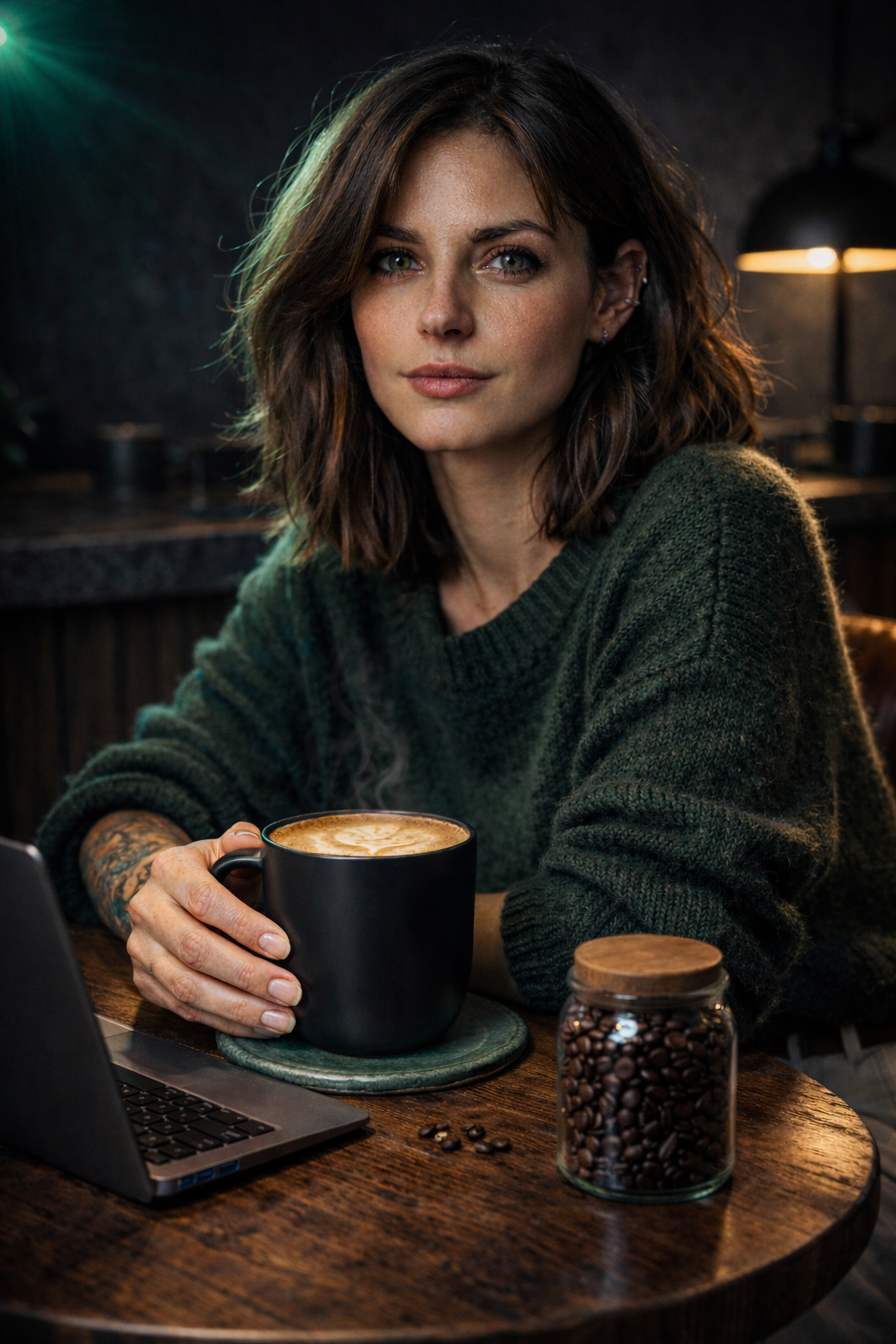 A woman with shoulder-length brown hair, wearing a green sweater, sitting at a wooden table in a cafe, holding a black mug of coffee, with a laptop and a jar of coffee beans on the table.