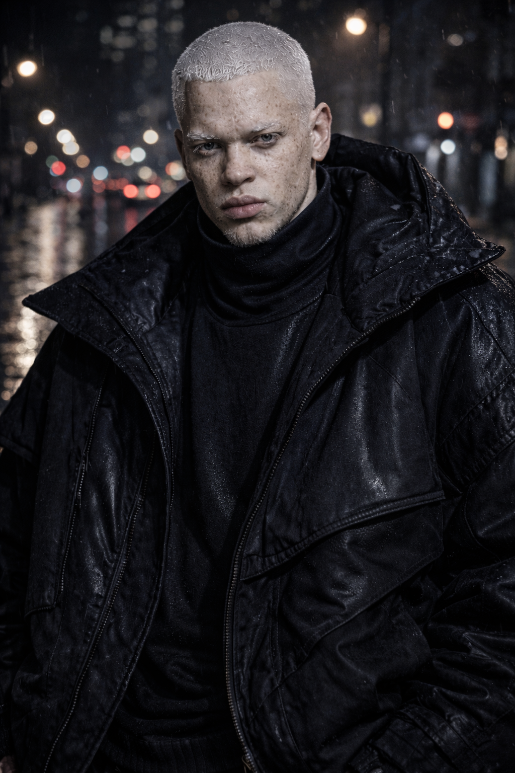 A young man with bleached short hair, fair skin with freckles, wearing a black hooded jacket, standing outdoors at night in the rain, with city lights blurred in the background.