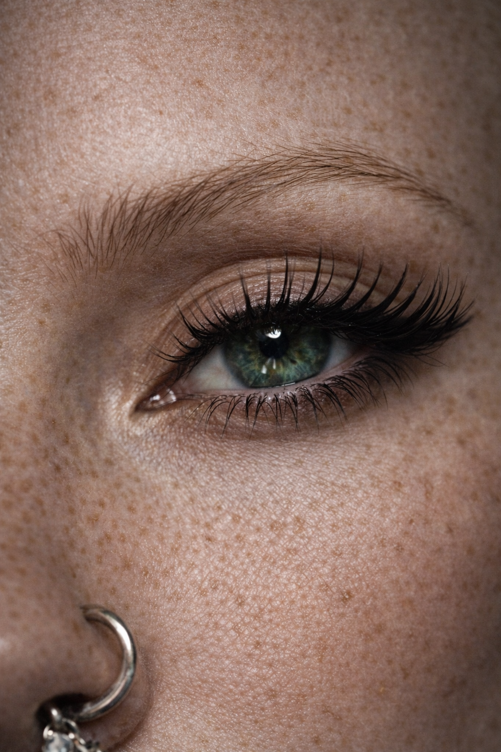 Close-up of a woman's eye with green iris, long eyelashes, and a nose piercing with a hoop.