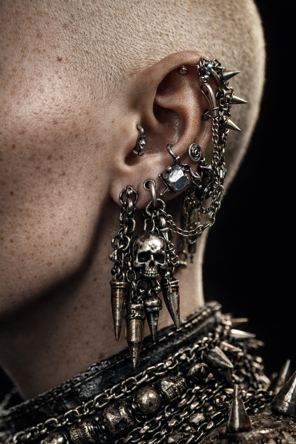 Close-up of a person's ear and neck adorned with multiple silver jewelry pieces, including earrings, chains, and spikes.