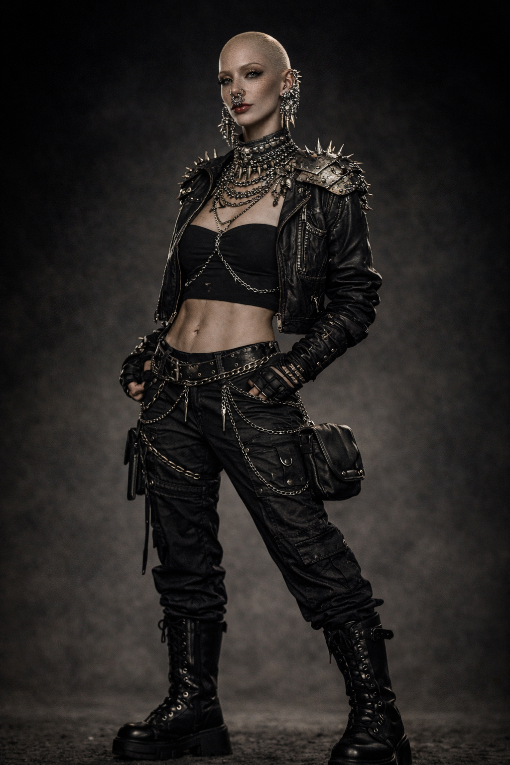 A woman with a shaved head dressed in punk and goth style wearing a black leather jacket with spikes, black crop top, cargo pants with chains, combat boots, and large jewelry, standing against a dark background.