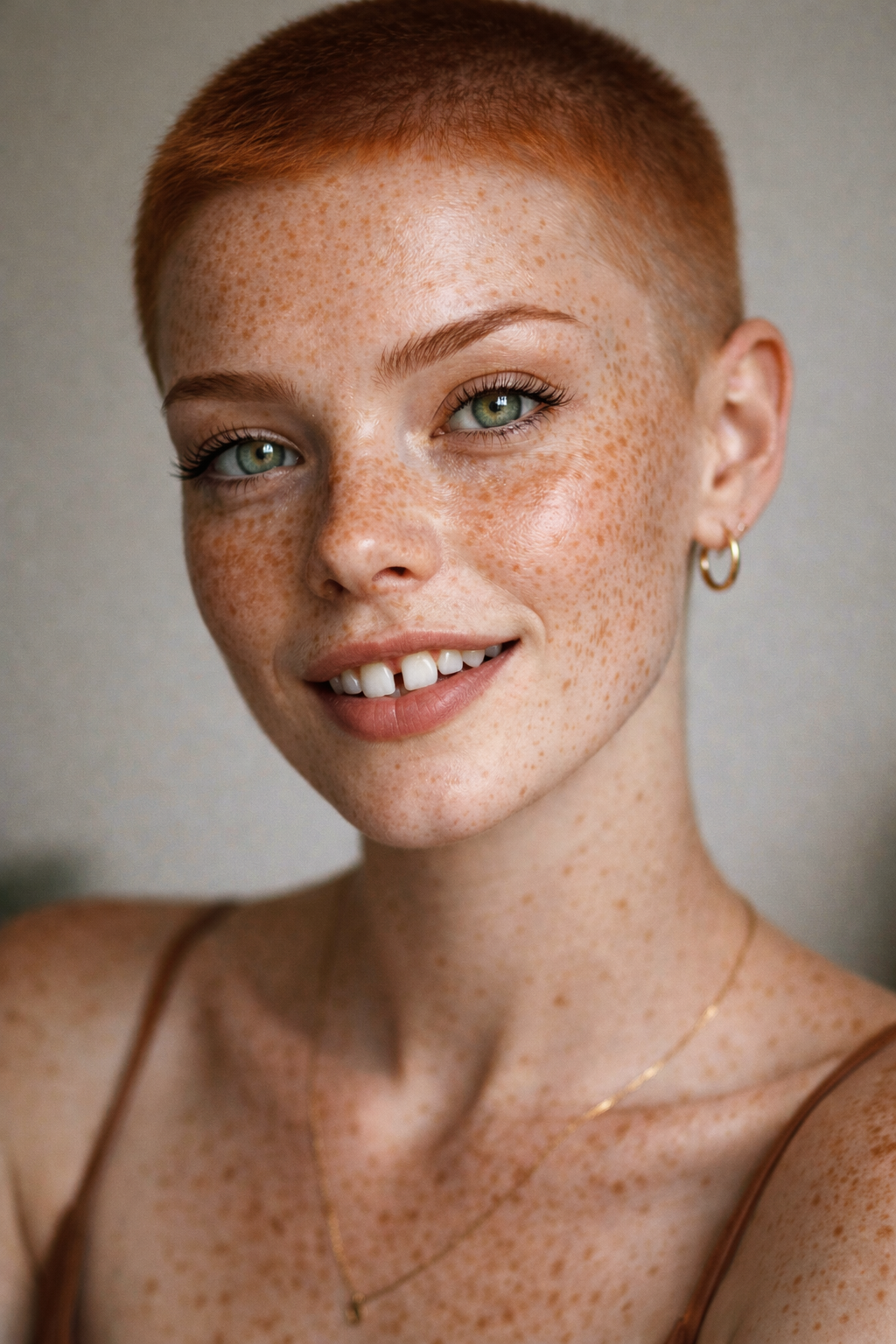 Close-up portrait of a young woman with short red hair and freckles, smiling softly, wearing gold hoop earrings and a delicate gold necklace.
