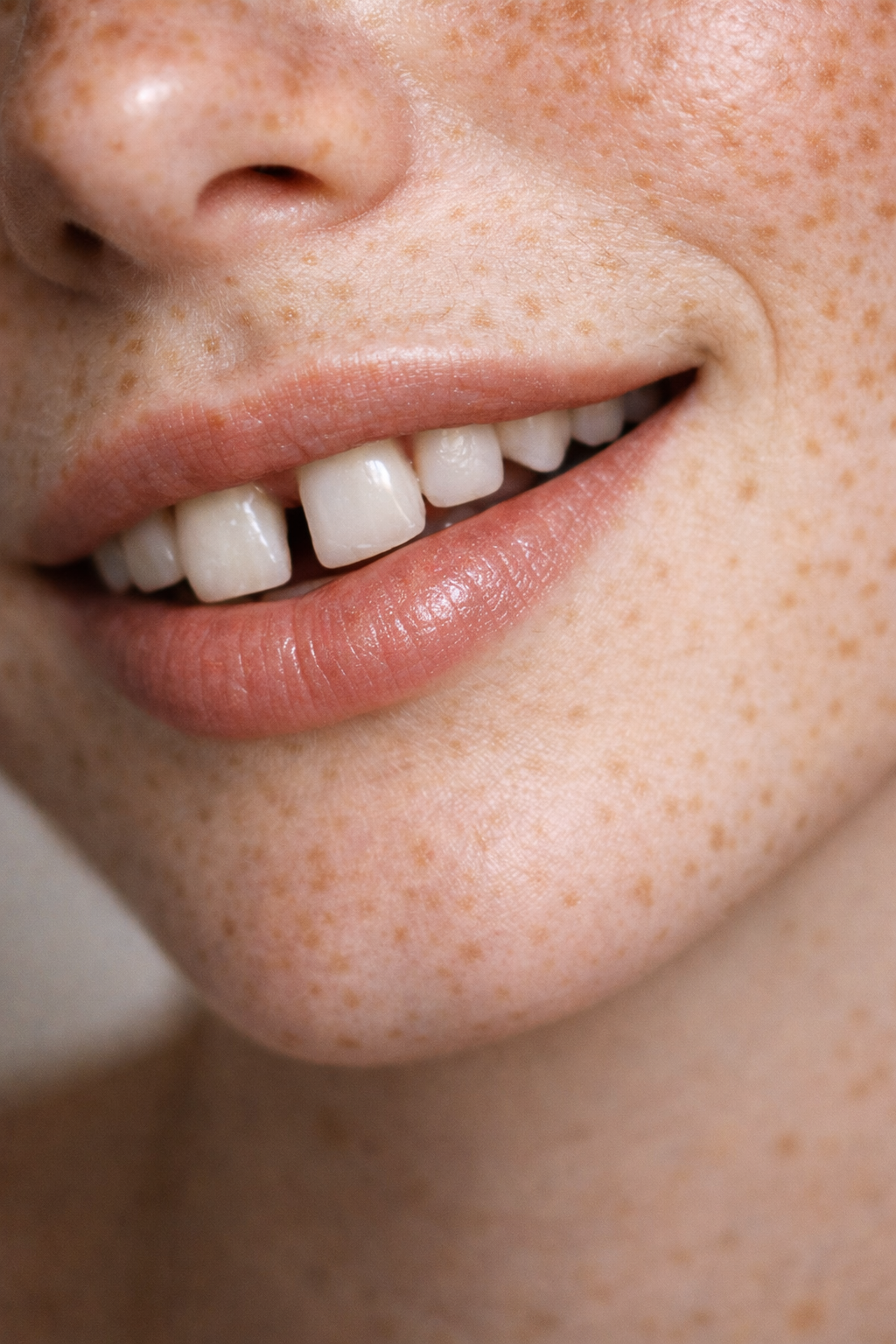 Close-up of a smiling person's mouth showing white teeth and natural skin with freckles.