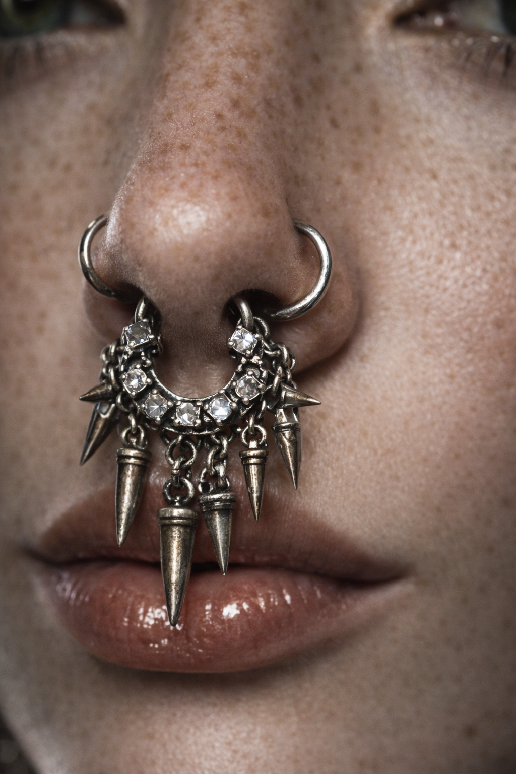 Close-up of a person's nose and lips with multiple septum piercings, including a hoop with rhinestones and dangling spikes.