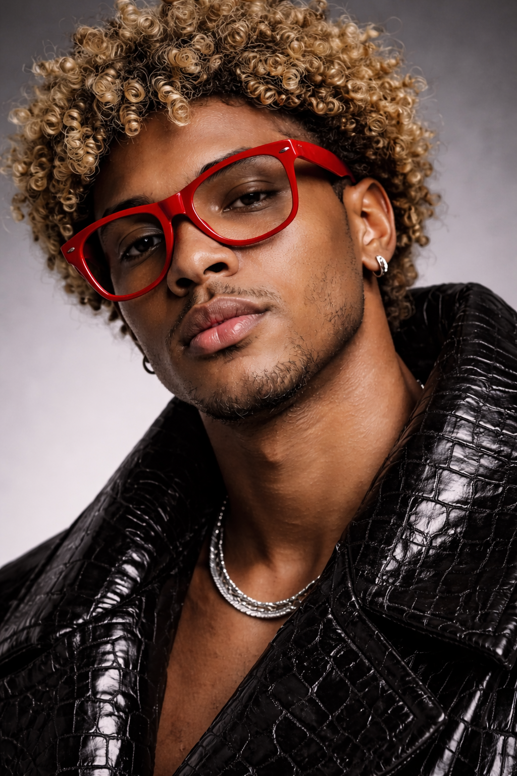 A young man with curly blond hair wearing red glasses, a black crocodile-patterned leather jacket, silver chains, and earrings, posing against a neutral background.