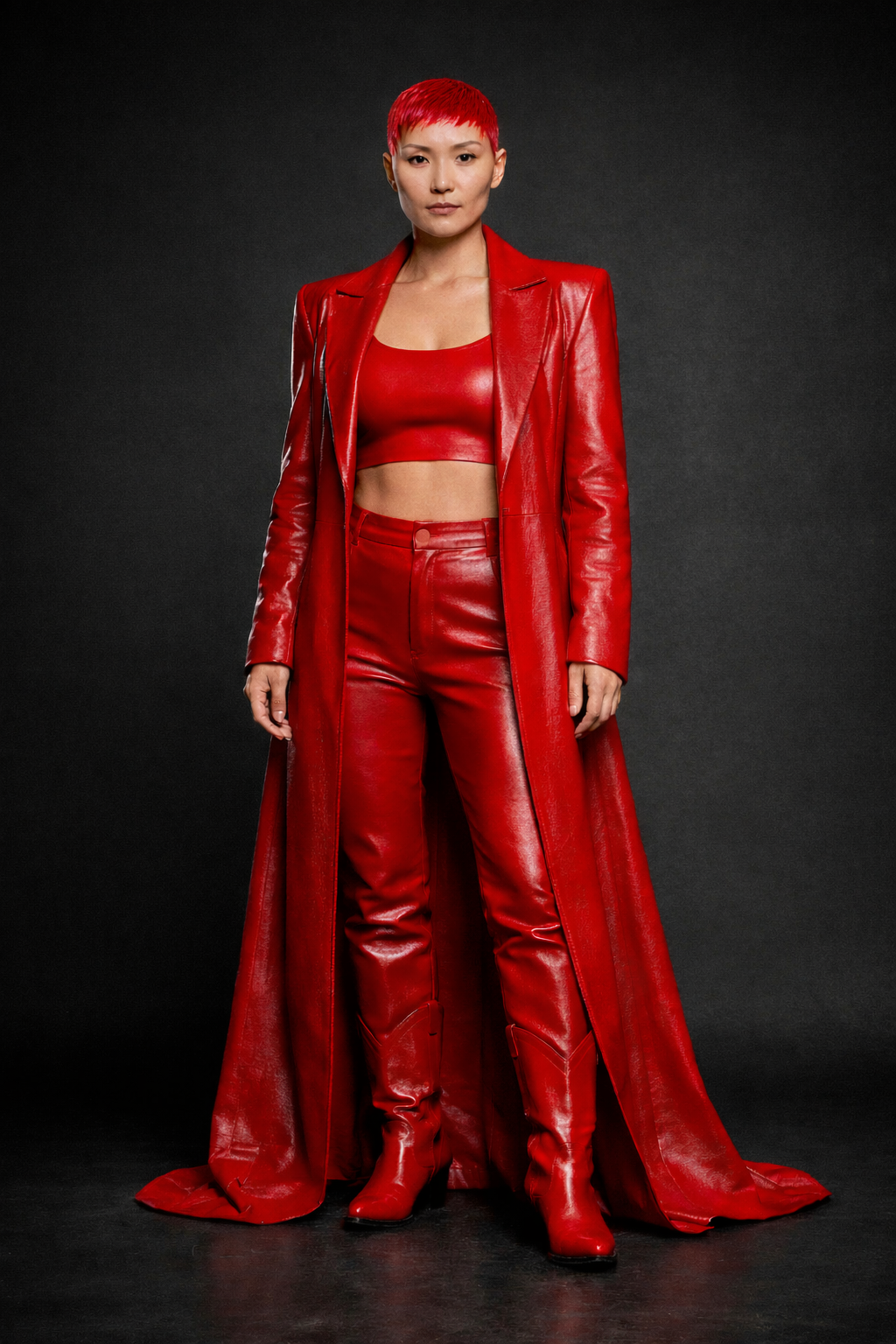 Woman in a red leather outfit, including a long coat, crop top, pants, and boots, standing against a dark background.