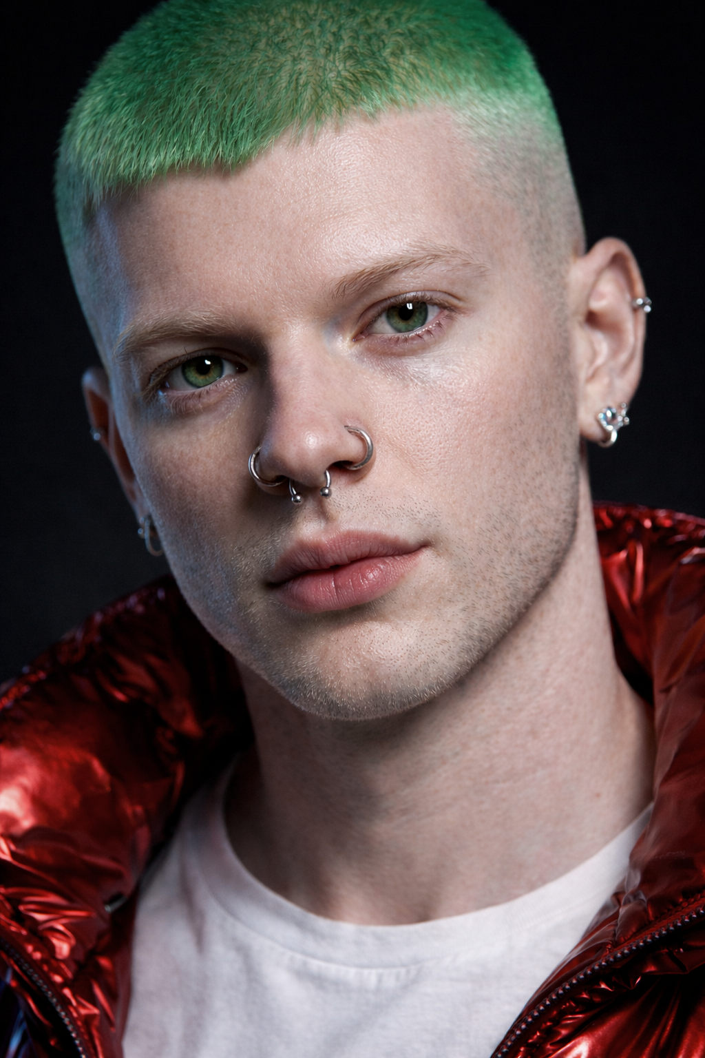 A young person with short green hair, multiple facial piercings, and blue eyes, wearing a red shiny jacket and a white shirt, against a dark background.