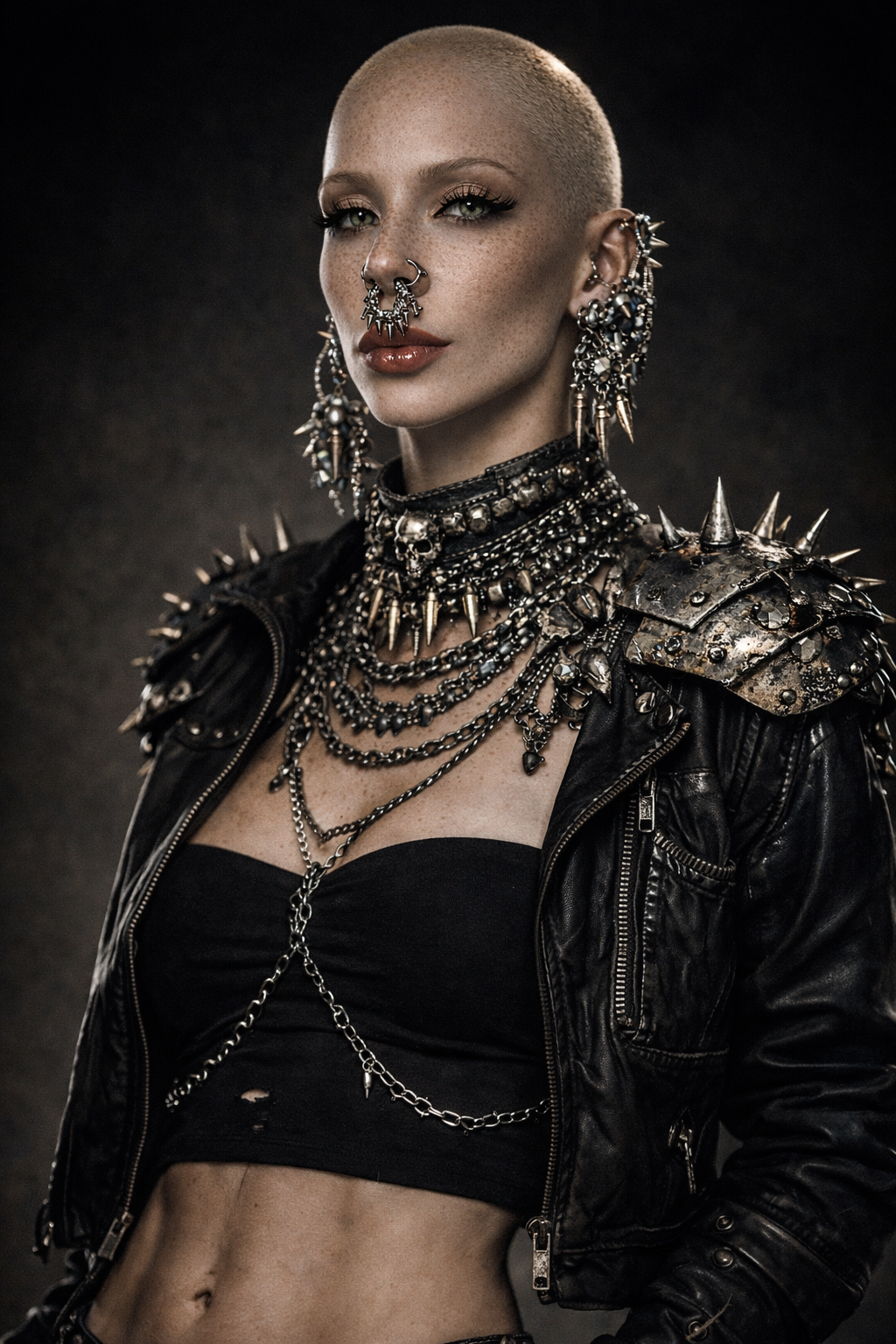 A woman with a shaved head and multiple piercings, wearing heavy metal jewelry and a black leather jacket with spikes, posing against a dark background.