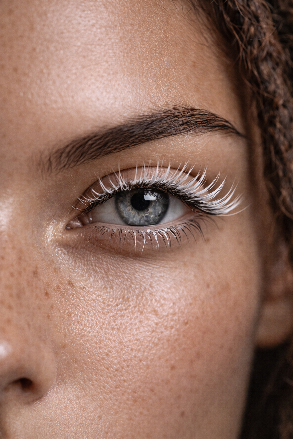 Close-up of a person's eye with long, white eyelash extensions, light-colored iris, and well-groomed eyebrow.