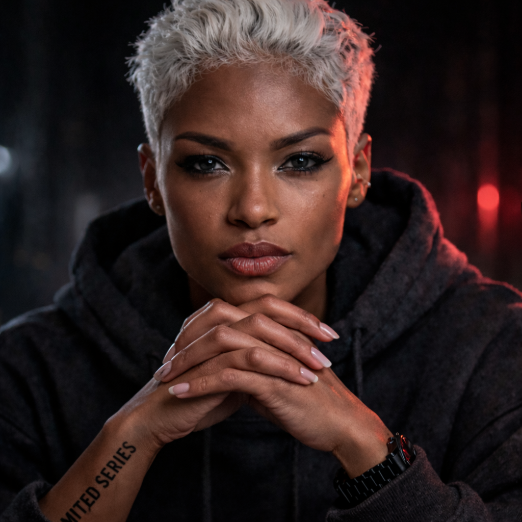 A woman with short, platinum blonde hair and dark eye makeup, wearing a black hoodie, gazing directly into the camera with hands clasped under her chin, in a dimly lit environment with red and blue lighting.
